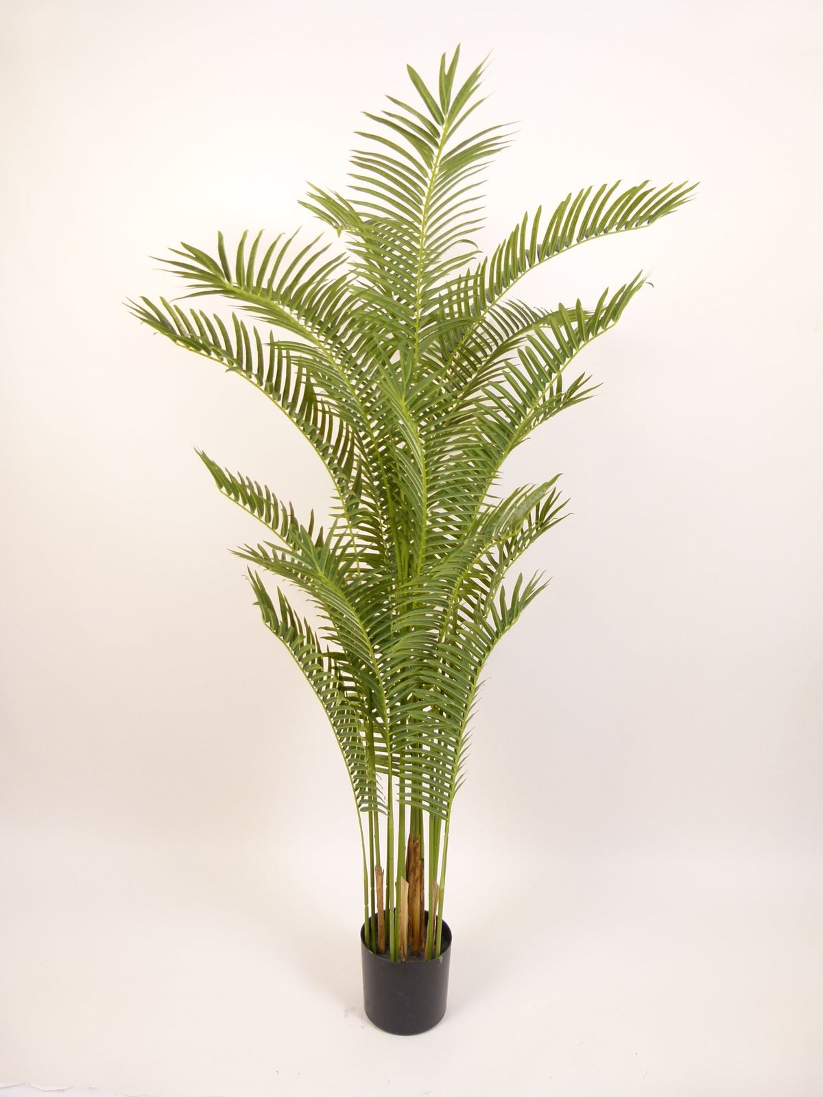 An artificial green palm frond plant in a matte black cylindrical pot, photographed against a plain off-white background.