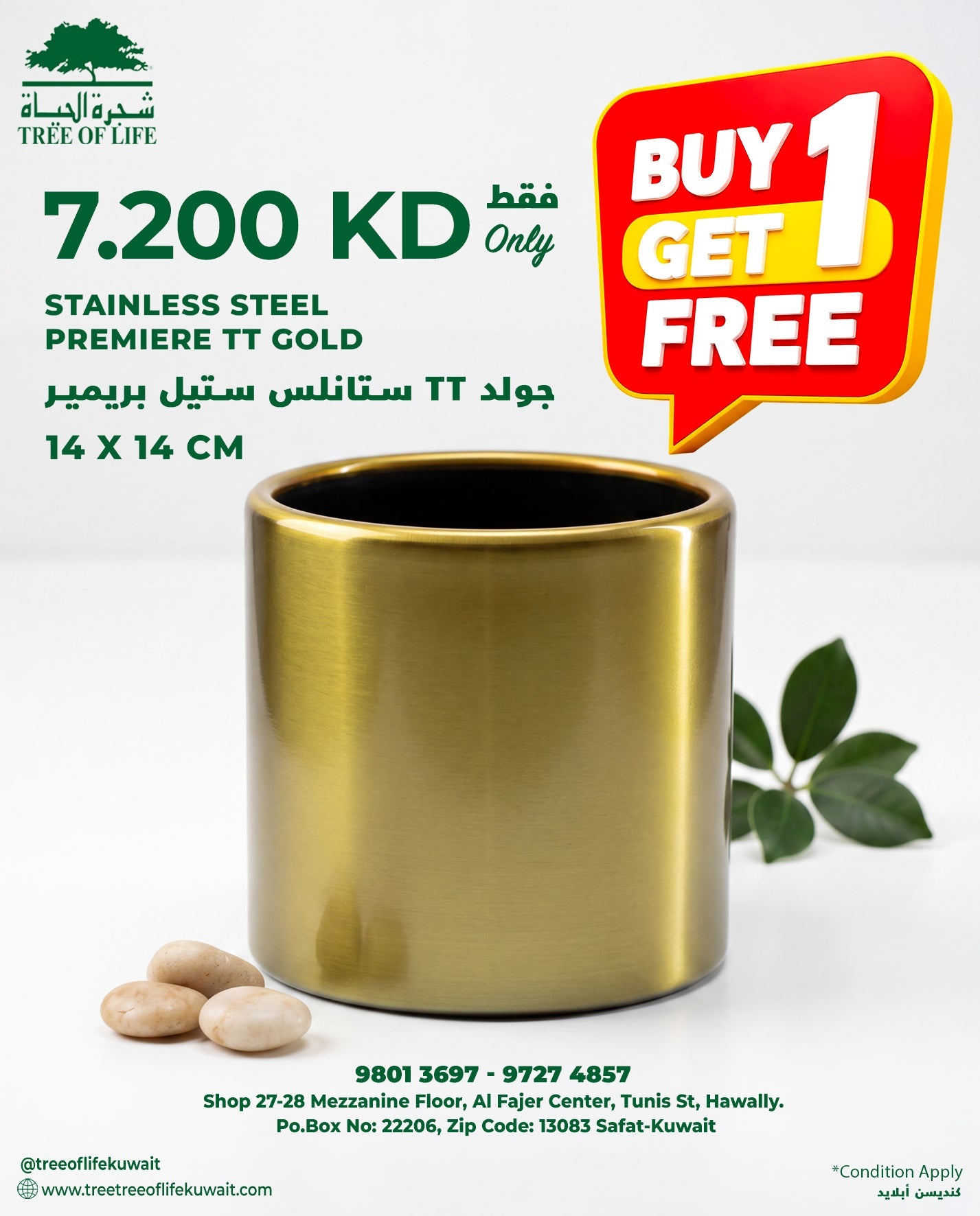 Stainless Steel Premiere TT Gold Pot 14x14cm Tree of Life Kuwait